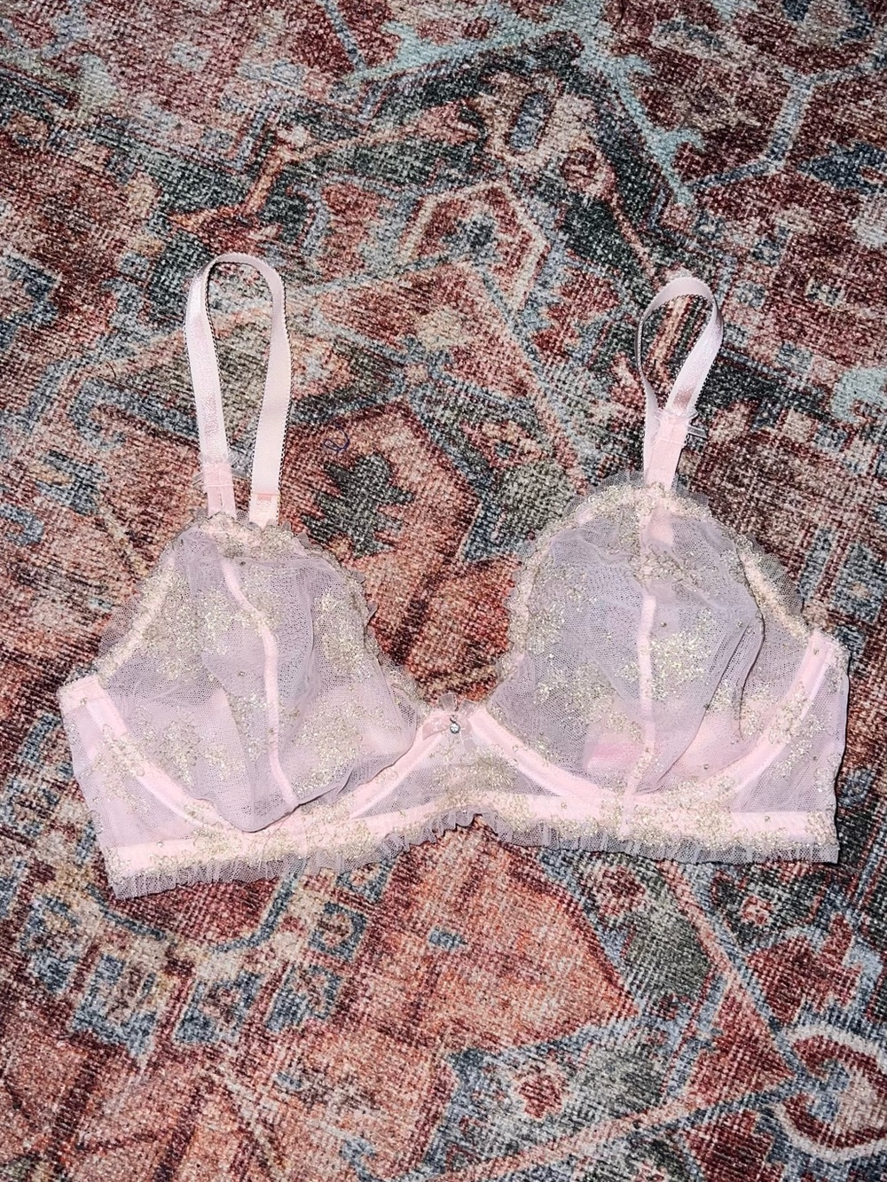 Sheer Lace Bralette - Light Pink with Gold Accents
